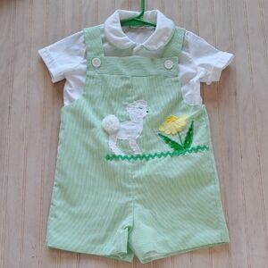 The Pond Vintage Green Pinstripes  Romper Patchwork Lamb 2 Piece Lightweight